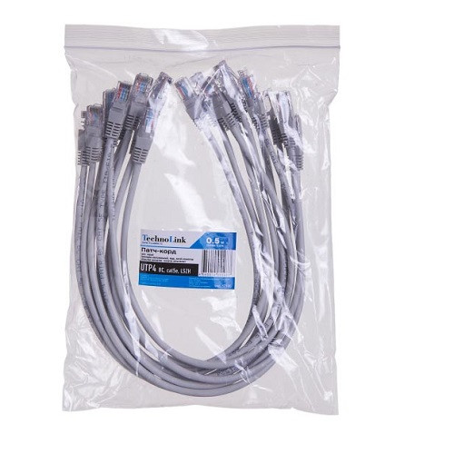 Патч-корд Technolink UTP4 cat 5е, 0,5м, ВС, LSZH, серый, литой коннектор (упаковка 10 штук)