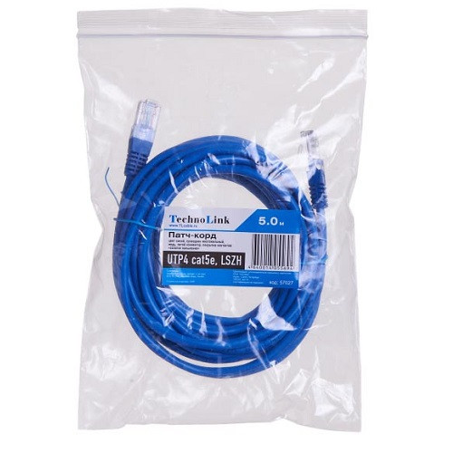 Патч-корд Technolink UTP4 cat 5e, 5,0м, ВС, LSZH, синий, литой коннектор Патч-корд Technolink UTP4 cat 5e, 5,0м, ВС, LSZH, синий, литой коннектор